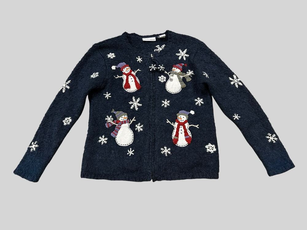 Snowman Full Zip Cardigan Silk Wool Christmas Sweater Croft & Barrow Petite S -